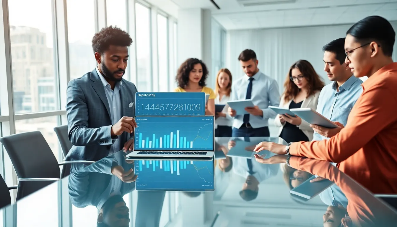 diverse professionals collaborating over data in a modern office setting.