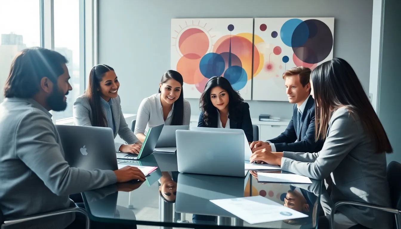 diverse professionals collaborating in a modern office setting.