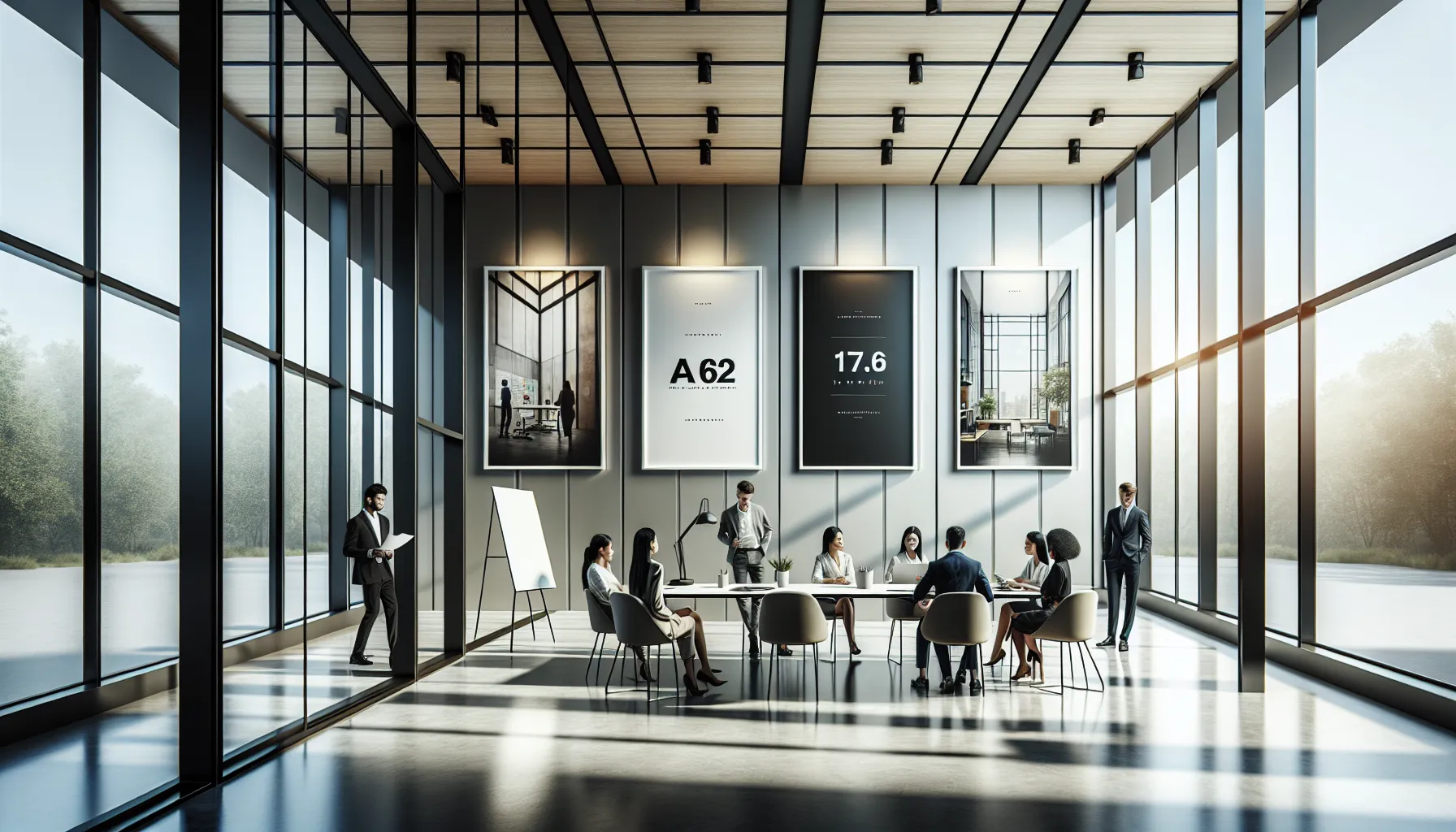 Diverse team comparing various poster sizes in a modern office.