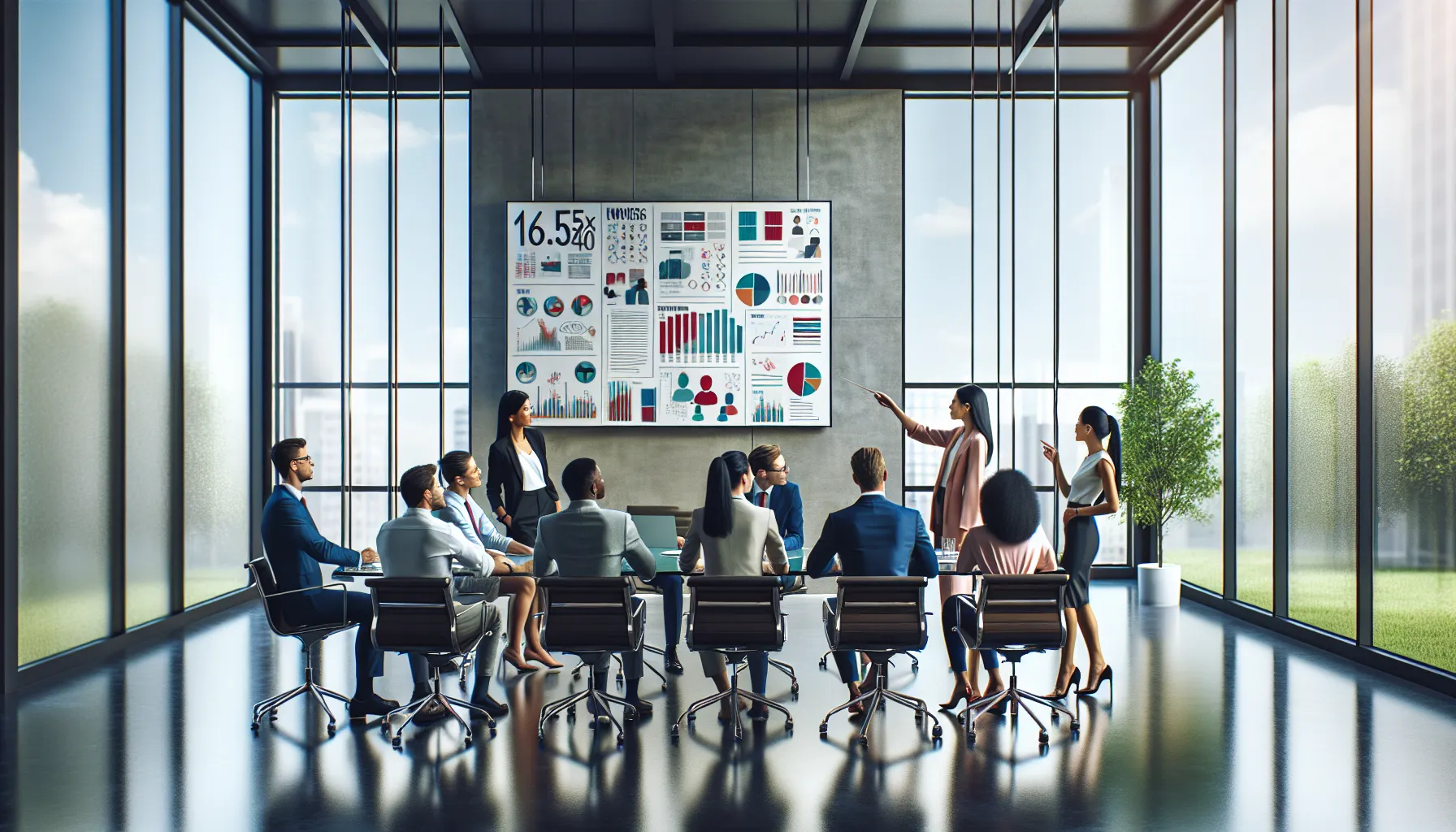 diverse team discussing a large infographic in a modern office.