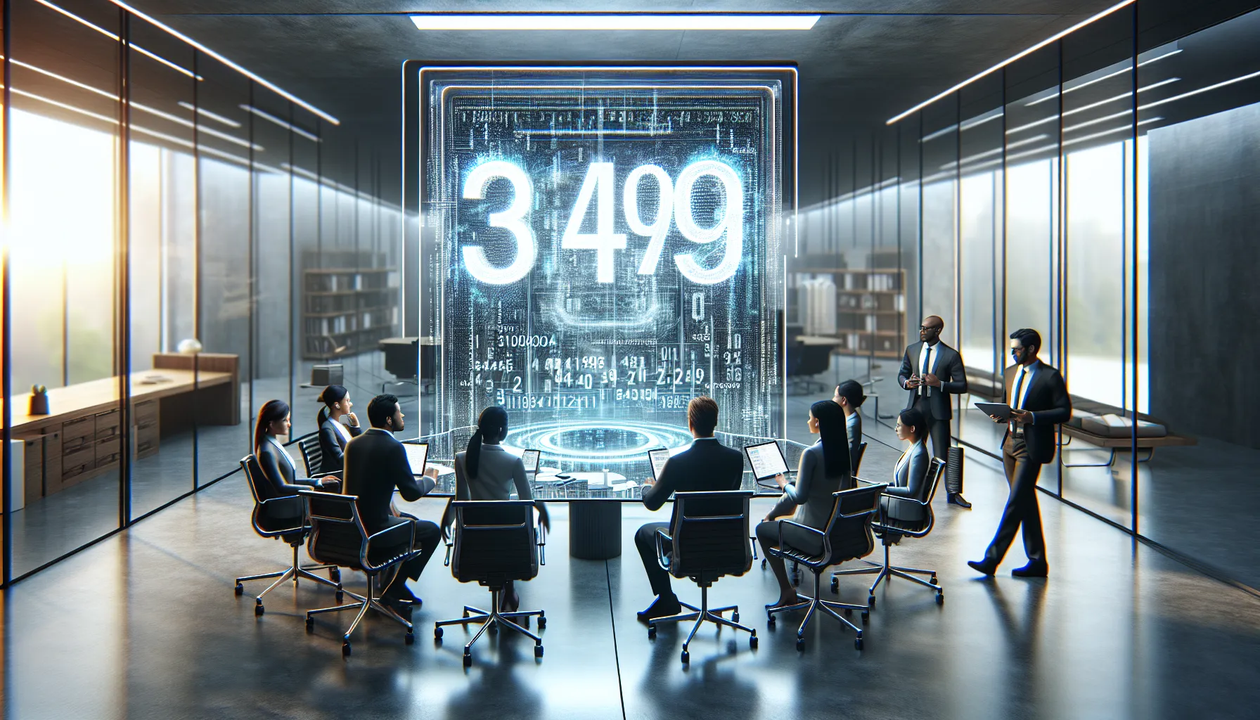 diverse team discussing the significance of the number 3491012491 in a modern office.