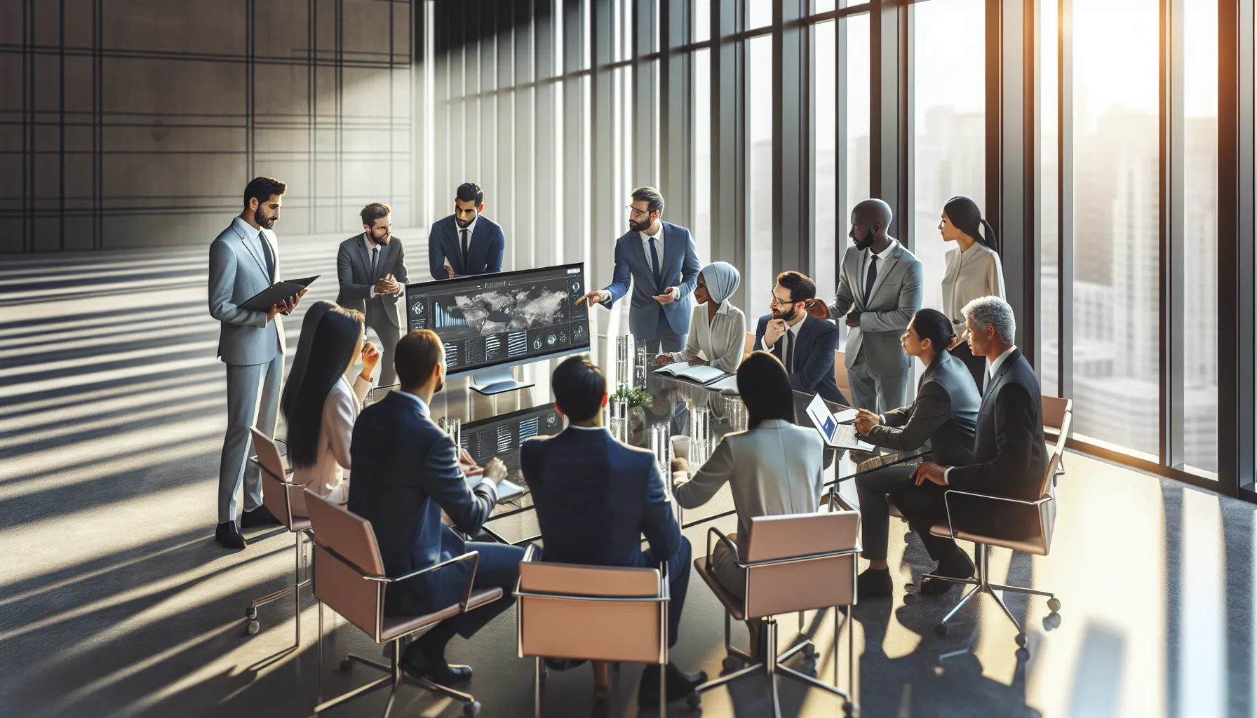 diverse team discussing data security around a modern conference table.